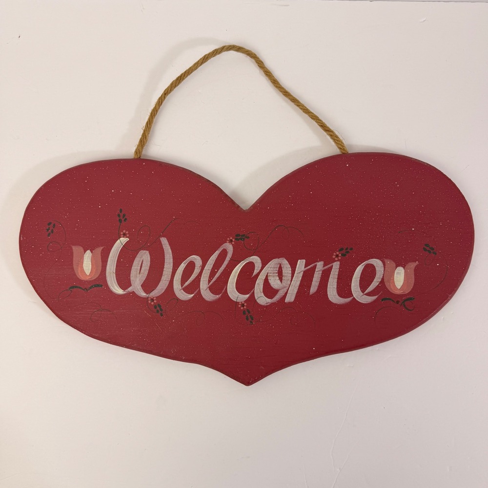 Vintage Hand Painted Wooden Welcome Heart Sign Red Cottagecore Country Farmhouse